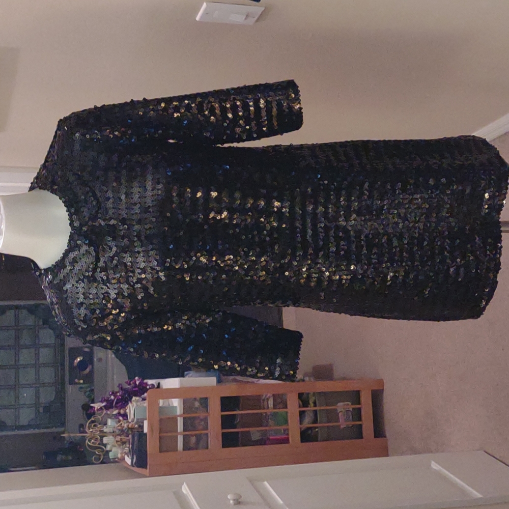 Francis black sequin silk  lined dress size small peter pan collar